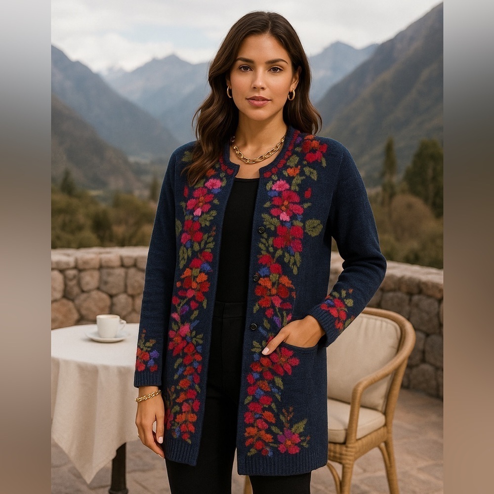 100% Alpaca Wool Floral Knit Cardigan Artisan Boho Handmade Folk Cottagecore